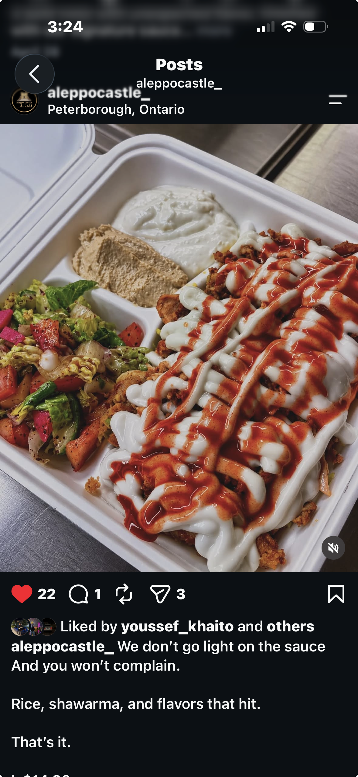 Published Aleppo Castle Instagram shawarma post