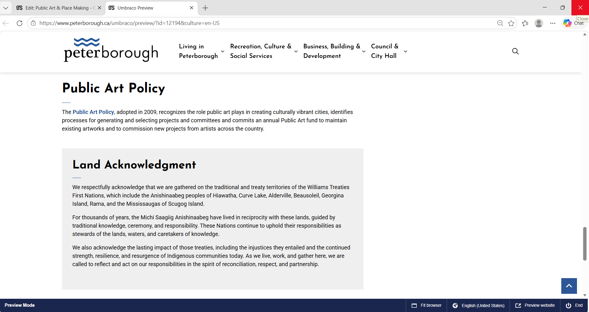 City of Peterborough Public Art Policy page with Land Acknowledgment