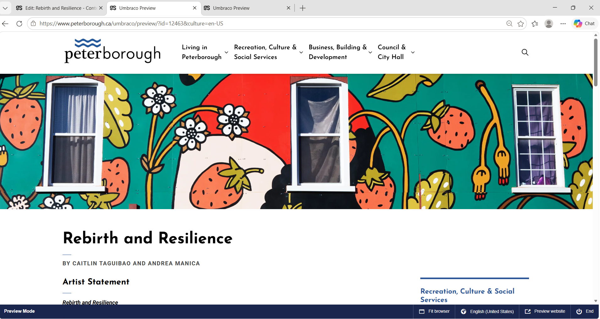Rebirth and Resilience public art webpage with hero image, title, and artist credit